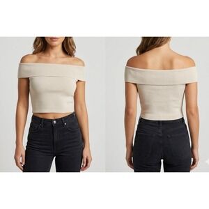Express Cropped Top Womens S Oatmeal Off-The-Shoulder Fitted Stretch Classic